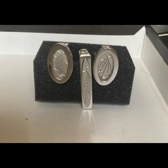 Cufflinks and Tie Bar Set 1950s Sterling Silver Tie Clasp Cuff Links Stars